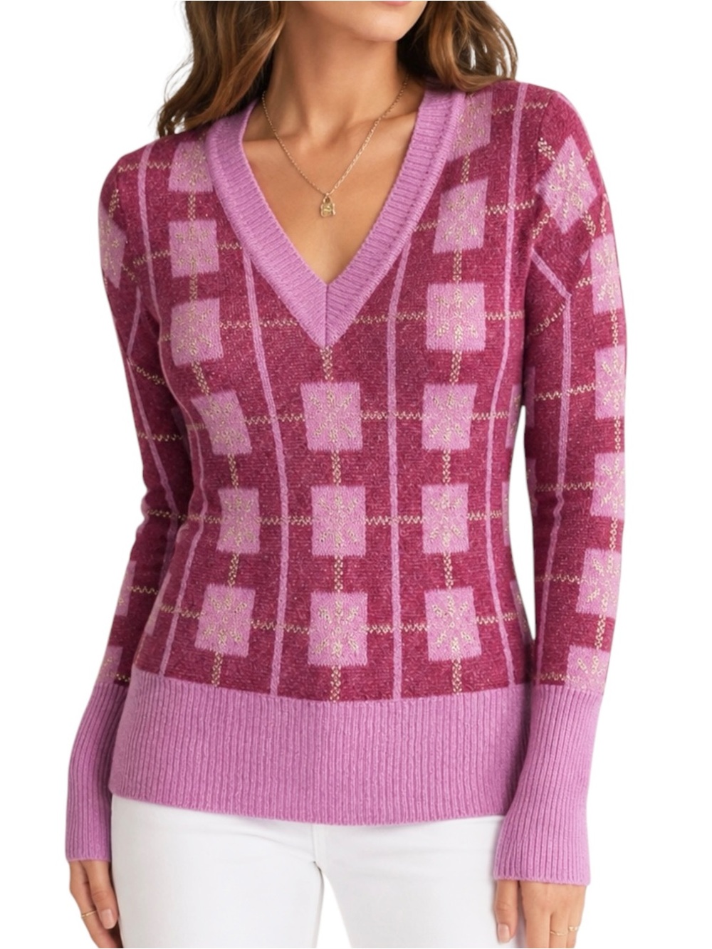 ASTA RESORT Tulip Gigi Berry Pink V Neck Knit Sweater Small